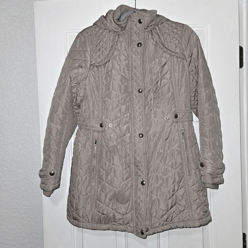 Weatherproof PS Tan Quilted Coat Hooded Floral Lined Jacket Women's